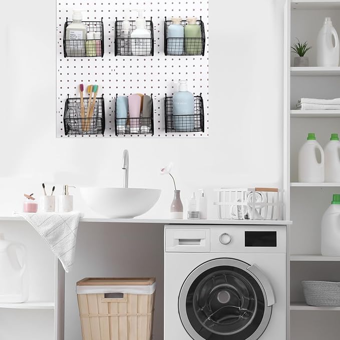 Reallnaive 6 Pack Black Pegboard Baskets Metal Wire Shelf Baskets 5.1 x 5.1 x 3.5 in Peg Board Organizer Accessories Wall Mount Organizer Bins for Tool Storage Craft Room Garage Workbench