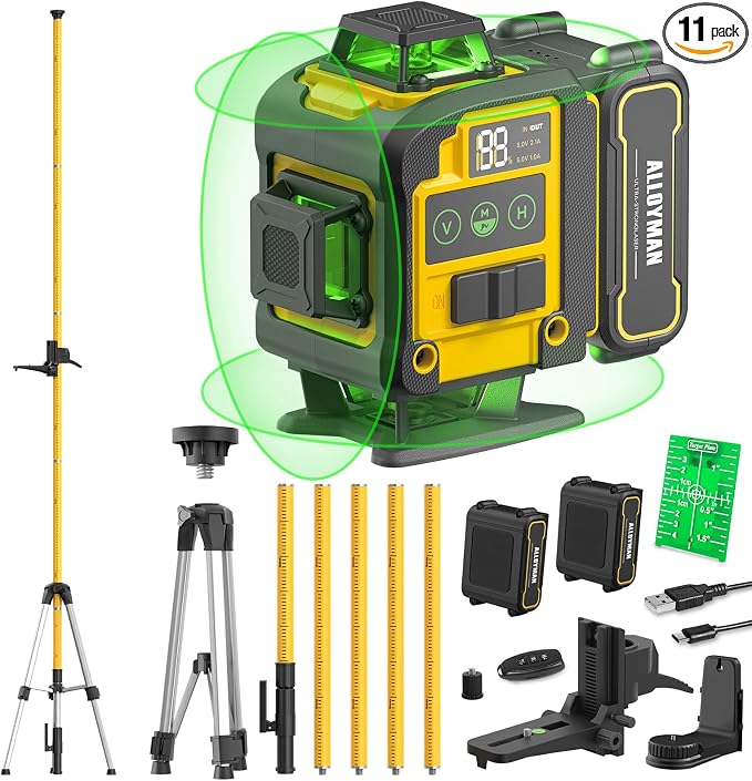 Alloyman 4x360°Self Leveling Laser Level, 12 Ft./3.7M Professional Laser Level Pole with Tripod, Green Line Lazer Leveler Tool with 2* Li-ion Batteries for Picture Hanging, Tile, Home Renovation