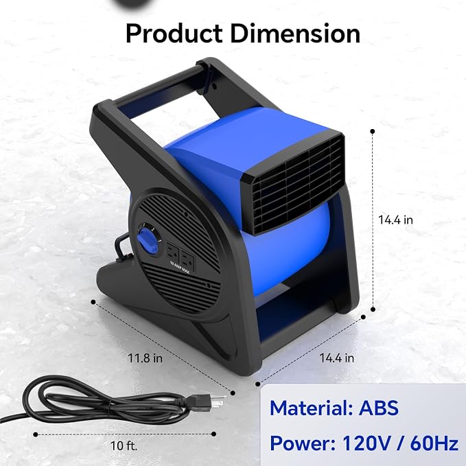shinic High Velocity Fan 15" 375 CFM 3-Speed Utility Fans Air Mover Blower Fan with 270° Pivot Carpet Dryer Floor Fan with 2 Outlets Portable Industrial Fans for Job Site Home Garage Work shop, Blue