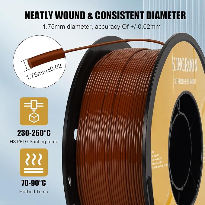 Kingroon High Speed PETG 3D Printer Filament 1.75mm, 3D Printer Rapid Filament for 30-600mm/s Hyper Printing Filament, Dimensional Accuracy +/- 0.03 mm, 1kg Plastic Spool(2.2lbs) (Brown)