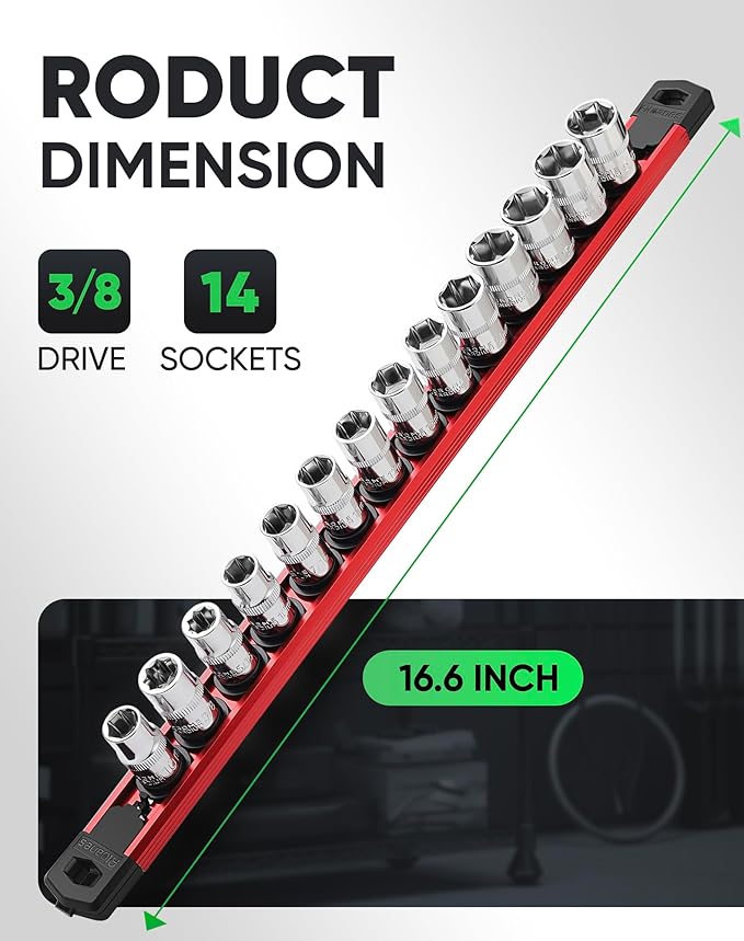ALOANES Magnetic Socket Organizer Set, 3/8-Inch Drive Heavy Duty Aluminum Socket Rail Organizer, 360° Swivel Clips Socket Holder Kit for Toolbox Drawer Fit 3/8-Inch x 14 Clips (Red, 1PC)