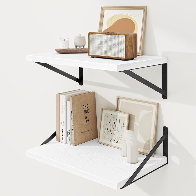 Floating Shelves 12 Inch Deep, 16W x 12D Wall Shelf Set of 2, 35 lbs Heavy Duty Reversible Metal Brackets, Deep Industrial Book Shelf for Living Room Kitchen Bath Bedroom Coffee Bar, White