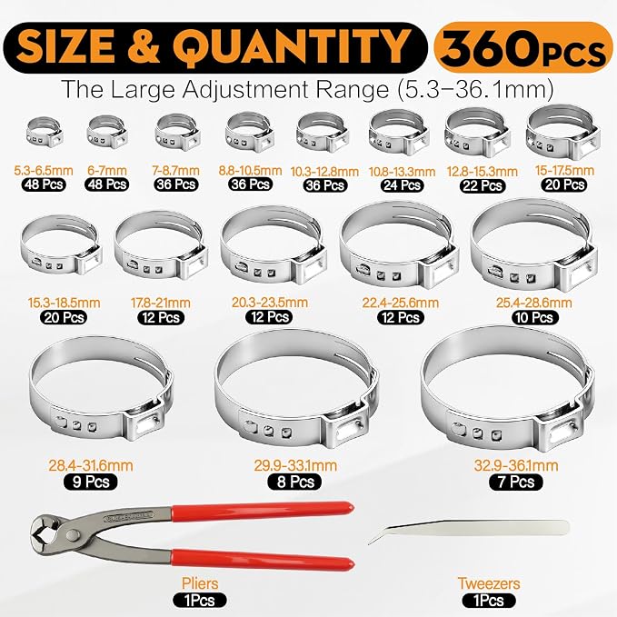 360Pcs Single Ear Hose Clamps,16 Sizes 5.3-36.1mm 304 Stainless Steel Stepless Crimp Clamps Assortment Kit with Ear Clamp Pliers for Automotive Fuel Line,PEX Pipe,Home Appliance