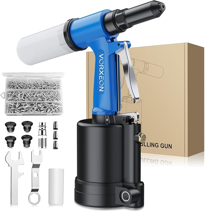 Air Rivet Gun Pneumatic with 500 Blind Rivets Aluminum Kit Pop Air Riveter Pulling Pressure 3097 lbf Heavy Duty Pneumatic Tool 3/32", 1/8", 5/32", 3/16" and 1/4" NPT
