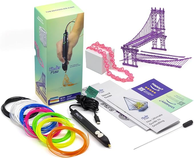 3Doodler Flow 3D Printing Pen for Teens, Adults & Creators – Black, with Free Refill Filaments, Stencil Book & Guide, 3.1 x 10.74 x 4.44 inches