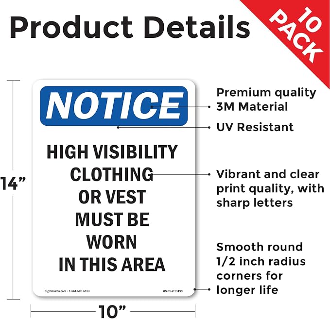 High Visibility Clothing Or Vest OSHA Notice Vinyl Decal Label 14 Inch x 10 Inch - 10 Pack