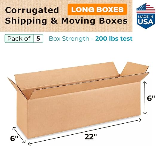 Long Moving & Shipping Boxes 22 x 6 x 6 inches (5-Pack) - Extra Strength 200 lb vs Regular - USA-Made Corrugated Heavy Duty Cardboard Boxes - Box for Packaging&Delivering - Long Box by IDL Packaging