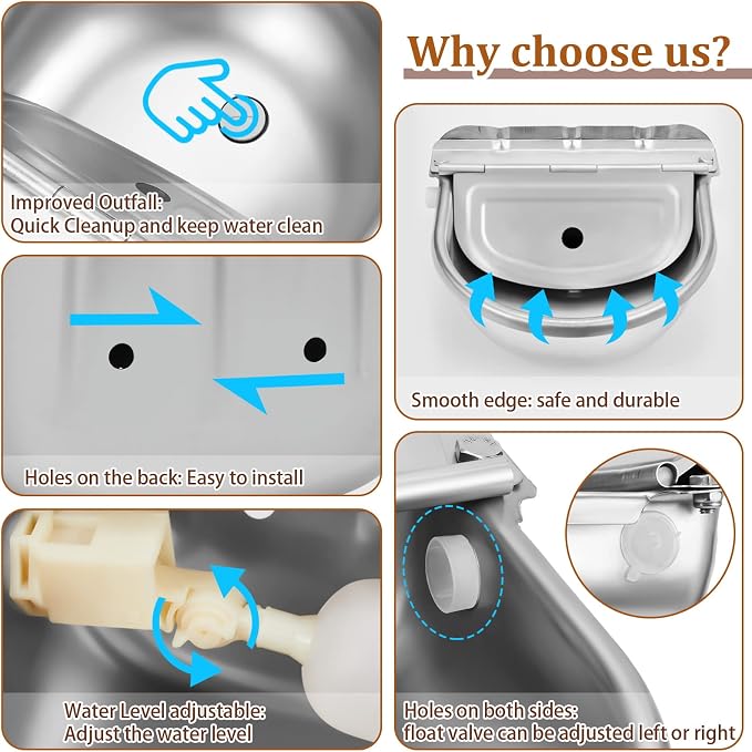 Tessco for you 3 Sets 4L/135oz Automatic Animal Water Bowl with Float Valve Stainless Steel Drinking Trough for Animals Livestock Horse Waterer Kits Includes Hose Connectors, Countersunk Bolts(Silver)