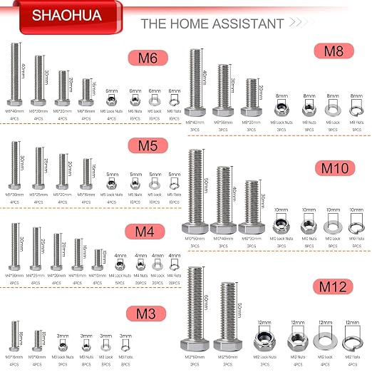 M3/M4/M5/M6/M8/M10/M12 Metric Bolt Assortment Kit, 304 Stainless Steel Heavy Duty Flat Hex Head Screws Bolts and Nuts Kit, Nuts Flat Gasket and Lock Washers Assortment Ki, Silver, 351Pcs