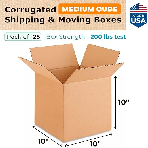 Medium Cube Moving & Shipping Boxes 10"L x 10"W x 10"H (25-Pack) - Extra Strength 200 lb vs Regular - USA-Made Corrugated Strong Cardboard Boxes - Medium Moving Box - Heavy Duty Box by IDL Packaging