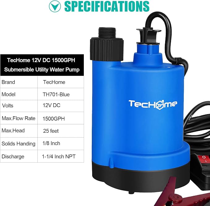 TecHome 12v Pump，1500GPH Water Transfer Pump Sump Pump Submersible Water Pump, With 20 Feet Power Cord.