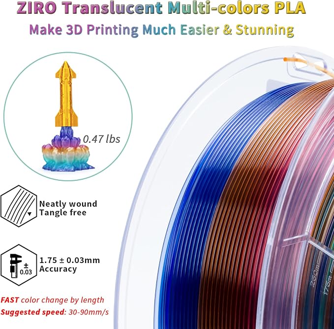 ZIRO Fast Color Changing PLA Bundle, Transluent Multicolor Filament 1.75mm, 3D Printing Material, Crystal Series 1kg x 4 Spool, Dimensional Accuracy +/-0.03mm, Fit Most 3D Printers, 4 Pack