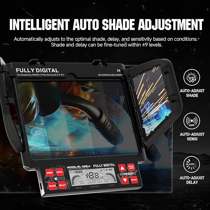 ANDELI Intelligent Auto-Adjustment Welding Helmet with 2 Lights,7.2" x 3.2" Panoramic View,3-Sided Auto Darkening,Internal Display,Rechargeable/Memory/Gradient,True Color for Weld Cut Grind(1500mAh+)