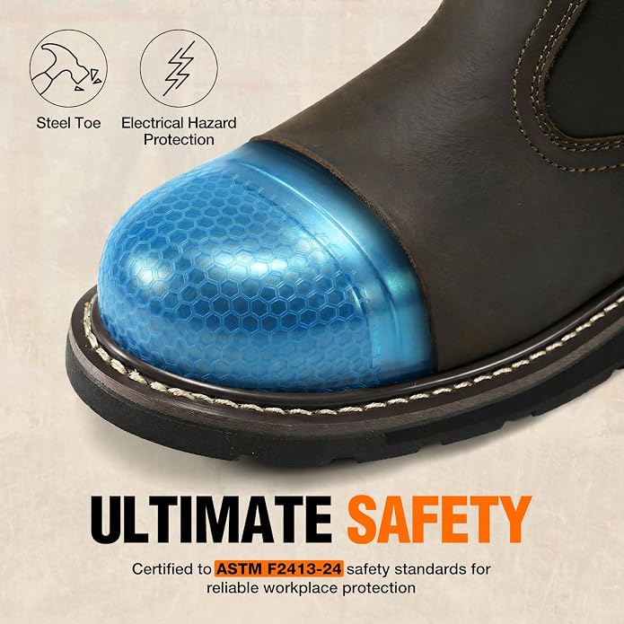 NINGO Soft/Steel Toe Work Boots for Men, Waterproof & Slip Resistant Wellington Leather Boots, Pull On Design, EH Protection with Goodyear Construction Shoes for Industrial, Farm & Welding