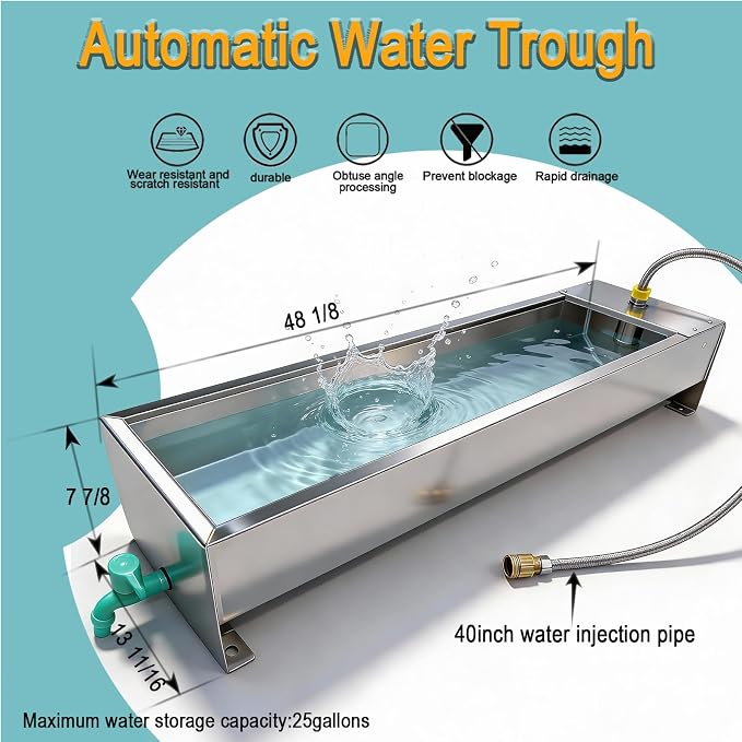 Automatic Livestock Water Trough 25 Gallons/100 Quart Livestock Waterer Animal Stainless Steel Larger Automatic Waterer with Float Valve Kit for Goat Cattle Horse Hog Dog Outdoor