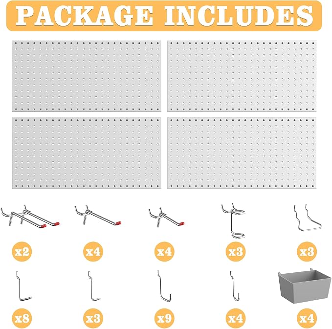 Pegboard Smith 48PCS Metal Pegboard Kit – 12"x24" Tool Storage Wall Organizer Pegboard with Hooks and Bins for Garage, Workshop, Kitchen, Office, and Craft Room (Gray)