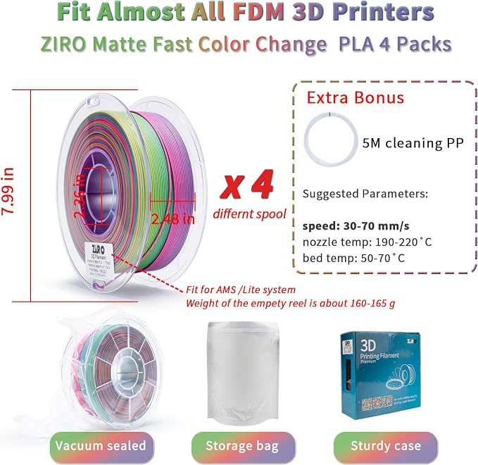 ZIRO Matte Fast Color Change PLA 4 Pack, 1.75mm Color Gradient Filament Bundle, No-Shine Rainbow PLA Filaments, Fit Most 3D Printers and Pen, 2.2lbs X 4 Spool