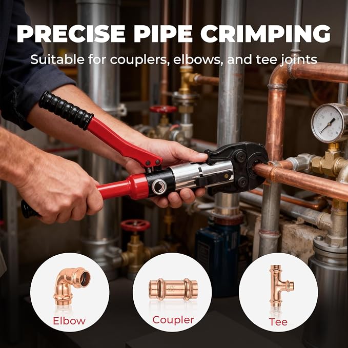 Copper Pipe Crimping Tool,Hydraulic Crimping Tool with 1/2", 3/4", 1" Jaws,Copper Tube Fittings Pipe Crimpers for Narrow Spaces and Tee Fittings