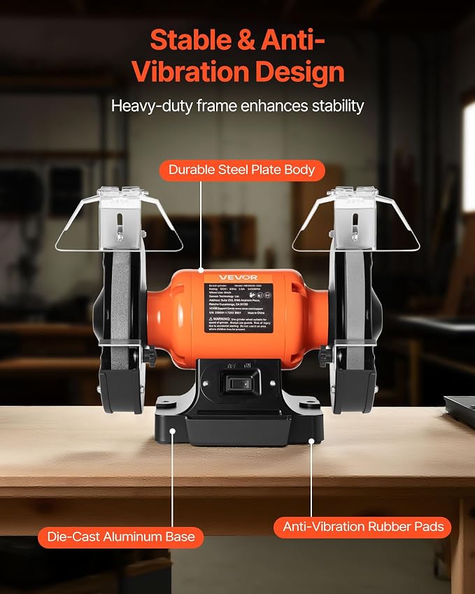 VEVOR Bench Grinder, 8-inch Single Speed Bench Grinder, 3450RPM High-Speed Table Grinders with 350W 3.0A Induction Motor, 36/60-Grit Grinding Wheel & Adjustable Eye Shield for Fast Sharpening Grinding