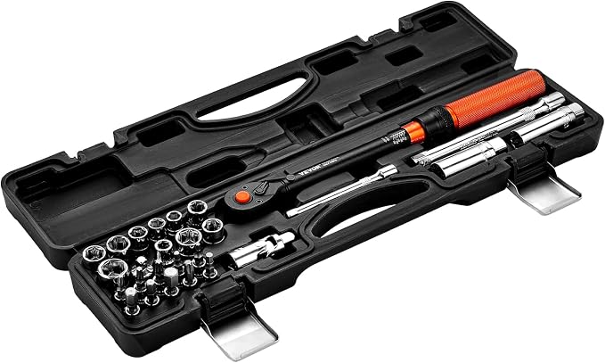 VEVOR 26Pcs Torque Wrench Set, 3/8 Inch Drive, 3.7-44.3FT.LB(5-60Nm), 72-Tooth Click Torque Wrench with Hex/Torx/Spark Plug Sockets, Extension Bars, 1/4 Adapter, for Bicycle Motorcycle Maintenance