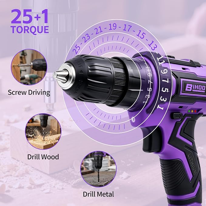 Purple Cordless Drill Set,20V Drill Driver with Battery and Charger,3/8-Inch Keyless Chuck, Variable Speed,with Drills Bits Set
