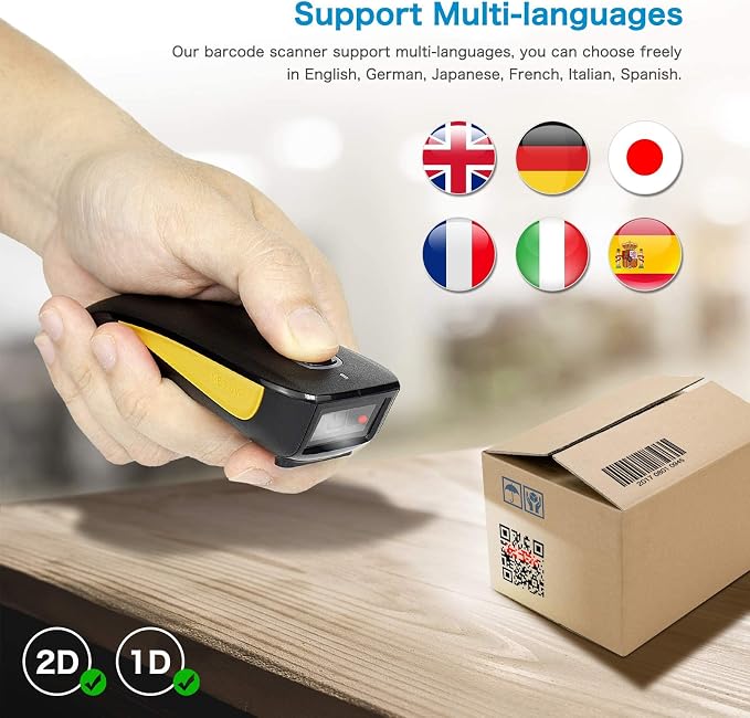 NETUM Mini Barcode Scanner Bluetooth Compatible, Small Portable USB Bar Code Scanner for Inventory, 2.4G Cordless Image Reader for Tablet iPhone iPad Android iOS PC POS (2D-C750-Yellow)