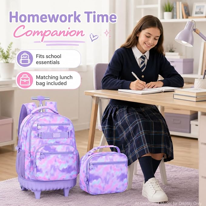 3Pcs Rolling Backpack for Girls Women, Travel Roller Backpacks with Wheels for Adults, Teens College Tie-Dye Wheeled Bookbag with Lunch Box(Purple)