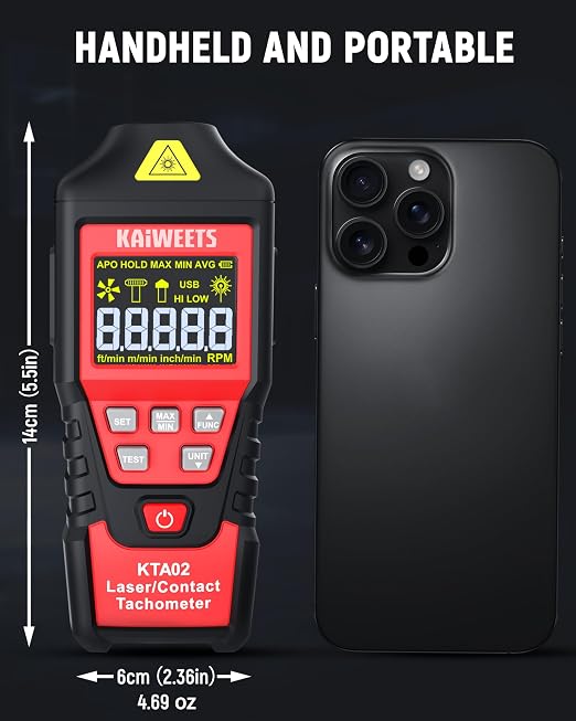 KAIWEETS 2-in-1 Laser & Contact Tachometer with Rechargeable Battery, Photo Sensor 10-99999RPM and Contact 1-19999RPM High Accuracy RPM Meter with Backlight Hold/MAX/MIN/AVG, HI/Low Alarm Function