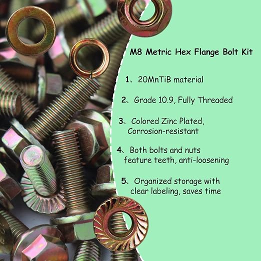 214pcs Grade 10.9 Metric Flange Bolts Assortment Kit, M8x1.25 Bolts (16-45mm), Metric Bolts and Nuts Assortment, Hex Bolt and Nut Washers Kit, Yellow Zinc Plated