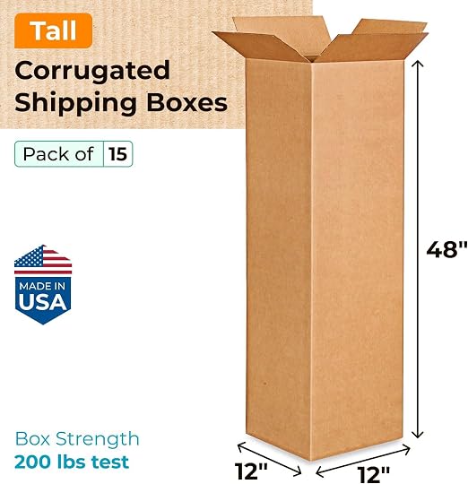 IDL Packaging Medium Corrugated Shipping Boxes 12"L x 12"W x 48"H (Pack of 15) - Prime Choice of Strong Packing Boxes for USPS, UPS, FedEx Shipping - Easy-to-Recycle Cardboard Boxes for Packaging