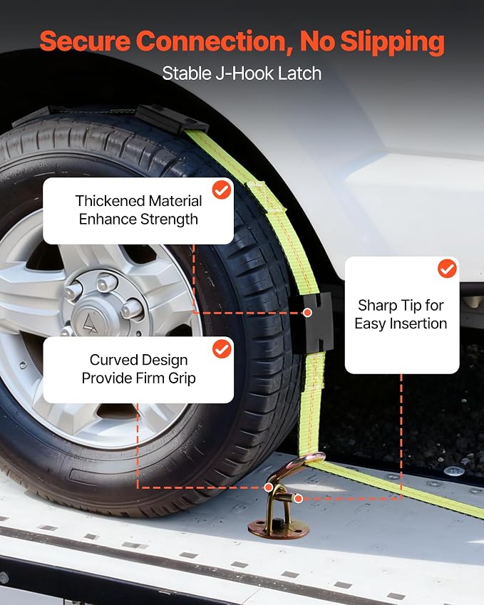 VEVOR Wheel Chock Tie-Down Kit, Deck-Style Trailer Tie Down Strap, Car Tie Down Kit with J-Hook, Break Strength 10009 lbs & Working Load 3333 lbs Motorcycle System for SUVs, Trailers, Trucks