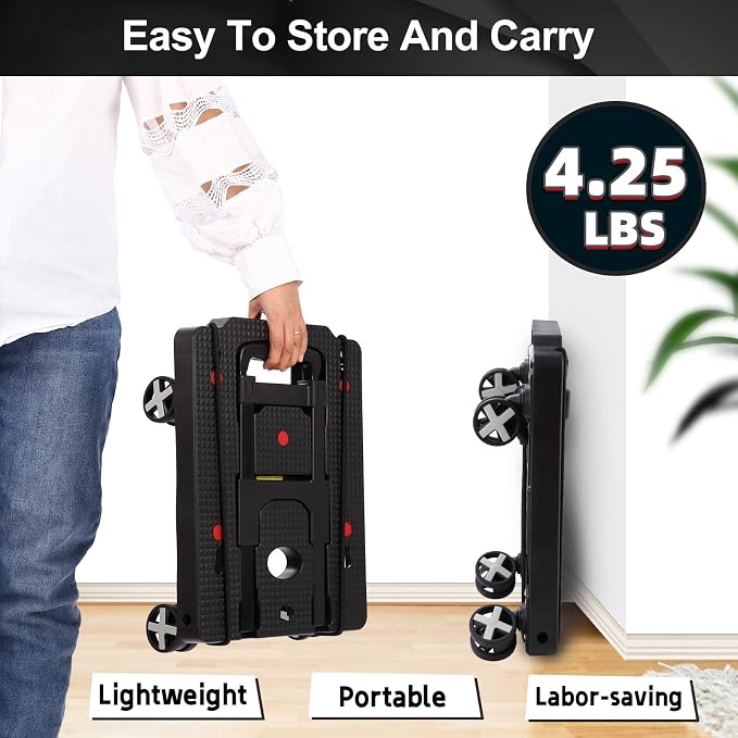 GtIiFmTe Foldable Hand Truck, Lightweight Luggage Cart for Airport Car Seat | Black compact dolly with4wheels,storage size12×15.7×4.1in,300lbs Load,Upright Lock Handle,4 swivel wheels with 3bungee cords