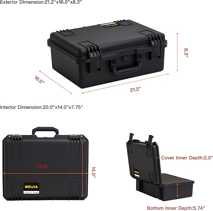 MEIJIA Premium Waterproof Large Hard Camera Case,Hard Protective Case with customizable fit foam,Full Protection with Light&Convenient Design,Elegant Black (21.2"x16.0"x8.3")