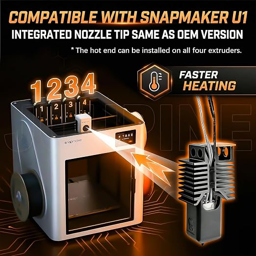 0.2/0.4/0.6/0.8mm for Snapmaker U1 Hotend Full Assembled Hotend Plug&Play Hardened Steel u1 Nozzle Ceramic Heating Block Rapid Heating for Snap Maker Hot End Extruder Kit 4 PK Full Size U1 Accessories