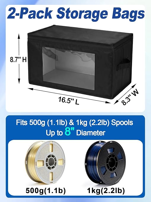 Waterproof Lining & Zipper 3D Filament Storage - Holds up to 12 Spools, 3D PriSnting Printer Accessories Square Filament Storage Dry Box for Home Office Studio, 16''Lx7.8''Wx8''H, 2pcs