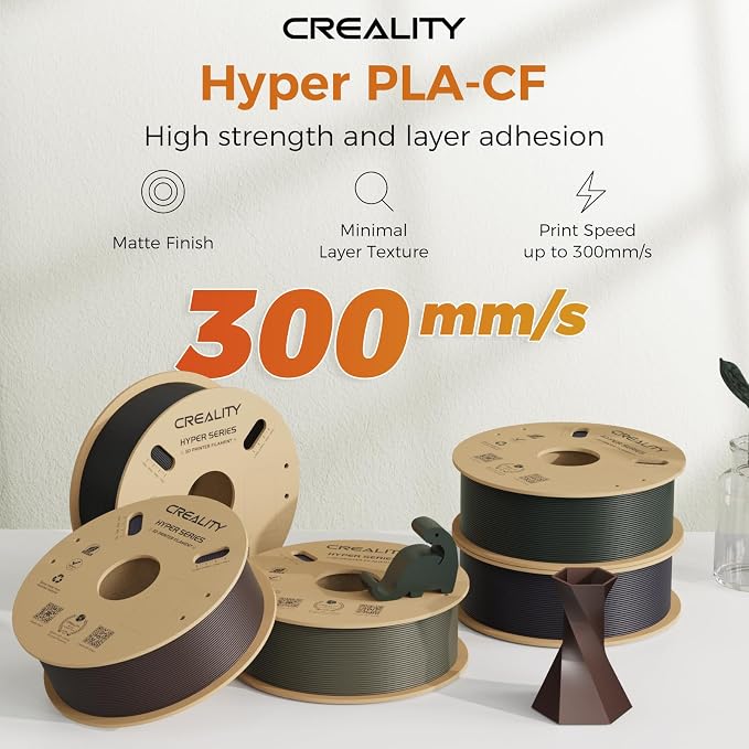 Creality Carbon Fiber Filament PLA 1.75mm, Hyper PLA-CF 3D Printer Filament with Matte Finish for 50-300mm/s High-Speed Printing, Dimensional Accuracy+/-0.03mm (Black, Hyper PLA-CF-2KG)
