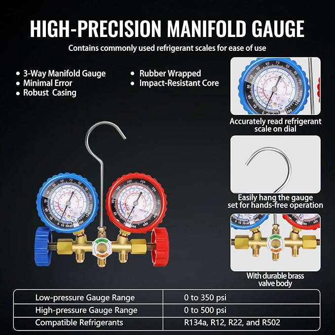 VTG VOGTEN 4.5 CFM AC Vacuum Pump and Gauge Set,for Mini Split/HVAC/Auto Systems,Manifold Gauge Kit Compatible with R134a R12 R22 R502,Includes 3 Hoses, 2 R134a Can Tap,Upgraded Trifold Storage Case