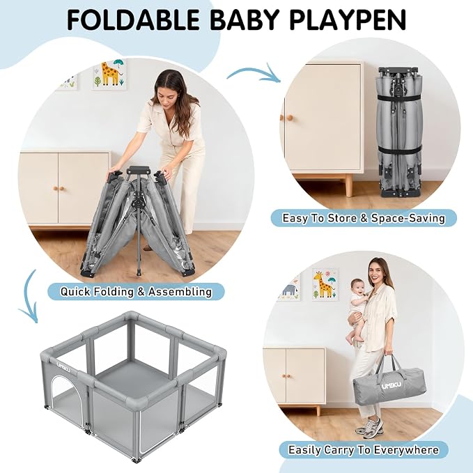 Baby Playpen Foldable Playpen for Babies and Toddlers, Large Playpens Portable Play Pen Safety Area for Kid Fence Travel Indoor Outdoor Baby Boy Girl Gifts Newborn Essentials 50"X50" Grey