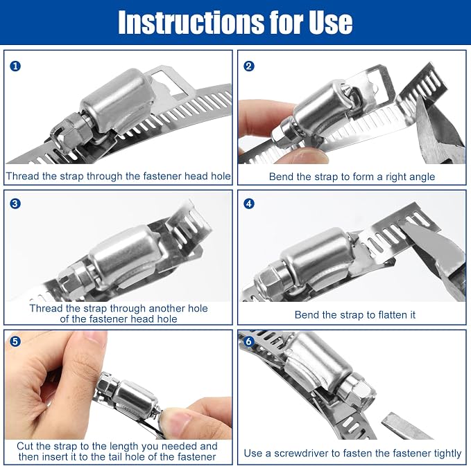 Hose Clamps (40 Fasteners + 20FT Strap) DIY Cut-To-Fit 304 Stainless Steel Band Clamps Adjustable Worm Gear Hose Clamp Kit Silver
