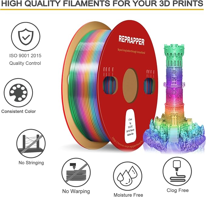 RepRapper Blue Rainbow PLA Filament, Shiny Multicolor Silk PLA 1.75 mm Filament (+-0.03 mm), Sparkle Fast Change Multi-color1 kg 3D Printer Filament for 3D Printer