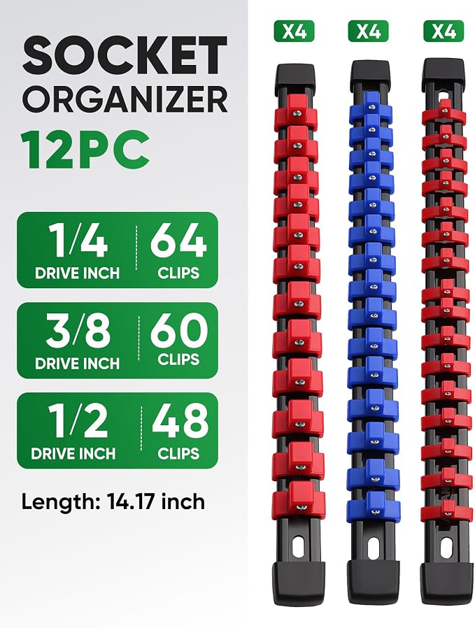 ALOANES 12PC Socket Organizer, Socket Rails Fit 1/2", 1/4" and 3/8" Drive | Heavy Duty ABS Socket Holders Hold 172 Sockets for Toolbox Drawer Bags(Red&Blue)