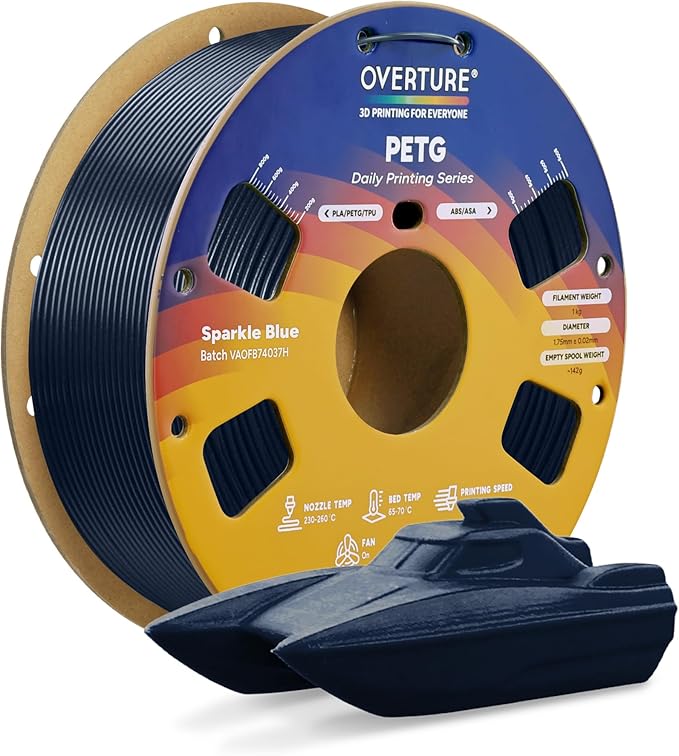 OVERTURE PETG Filament 1.75mm, High Speed 3D Printer Filament, Neatly Wound & Clog-Free, 1kg Spool (2.2lbs) Rapid PETG, Dimensional Accuracy +/- 0.02mm, Fit Most FDM Printers (Sparkle Blue)