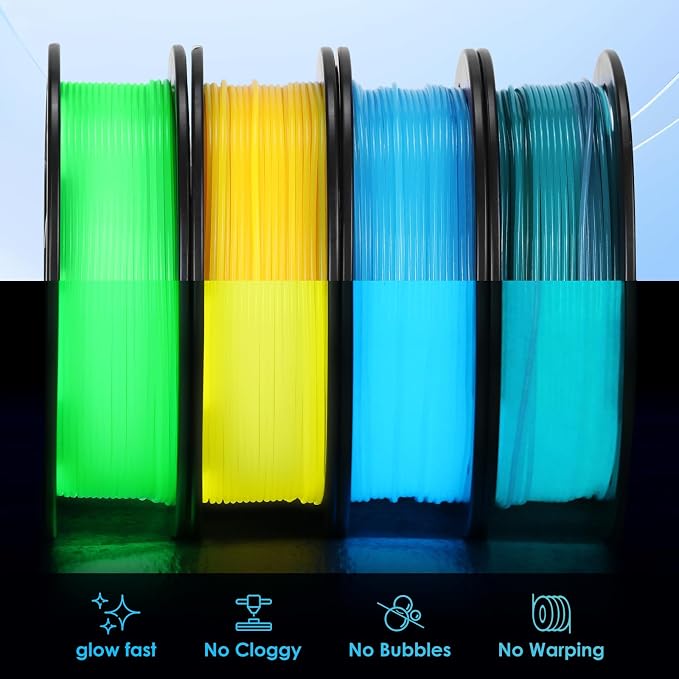 RepRapper 4 x 250g Glow Colors Pack, Glow in the Dark PLA Filament 1.75mm (+- 0.03mm) for 3D Printer, 4x250g Spools - Green, Blue, Yellow, Rainbow
