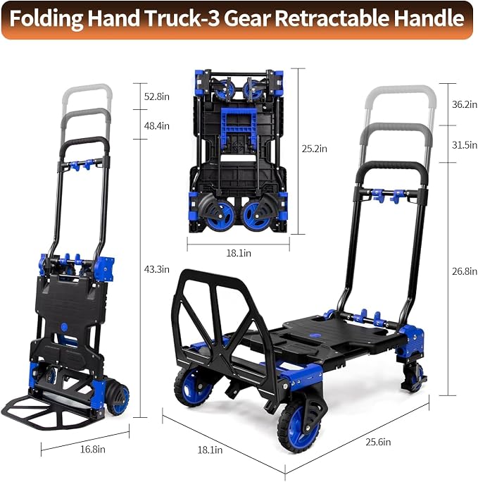 2 in 1 Folding Hand Truck with Folding Basket,330lbs Capacity Heavy Duty Hand Truck,with Telescoping Handle and Rubber Wheels,Portable Dolly Cart with Bungee Cords for Moving,Travel,Shopping