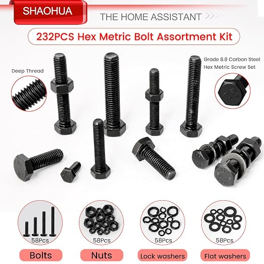 M6 M8 M10 M12 Metric Bolts and Nuts Assortment Kit 16MM to 60MM Grade 8 Hex Head Nuts Bolts Washers Assortment 15 Metric Sizes Nuts and Bolts Assortment Kit with Storage Case, 232PCS, Black
