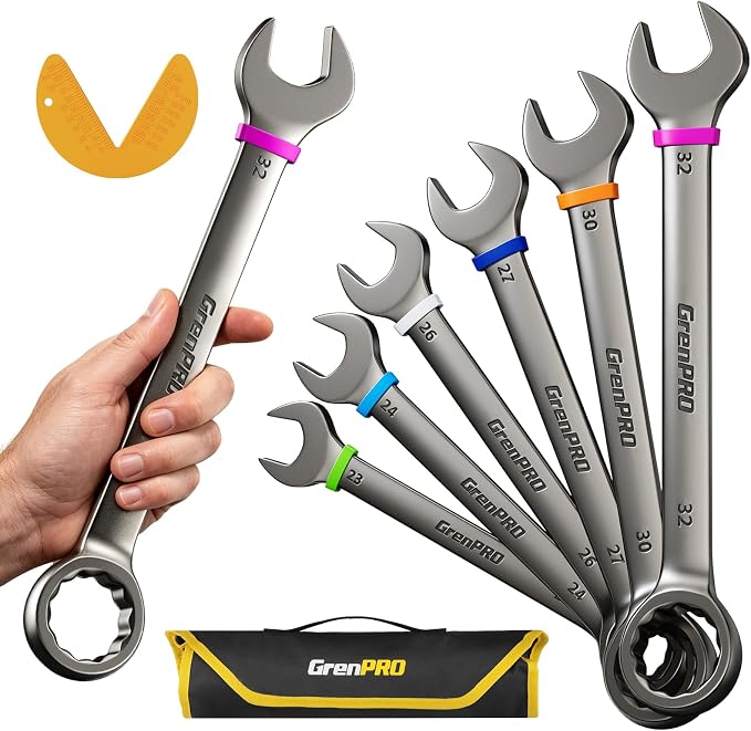 GRENPRO 23-32MM Large Metric Wrench Set, Combination Open End Wrench Sets | Color Rings, Roll Up Pouch, CRV Steel, Nickel Rust-Proof Coating, Free Gauge for Quick Size Matching