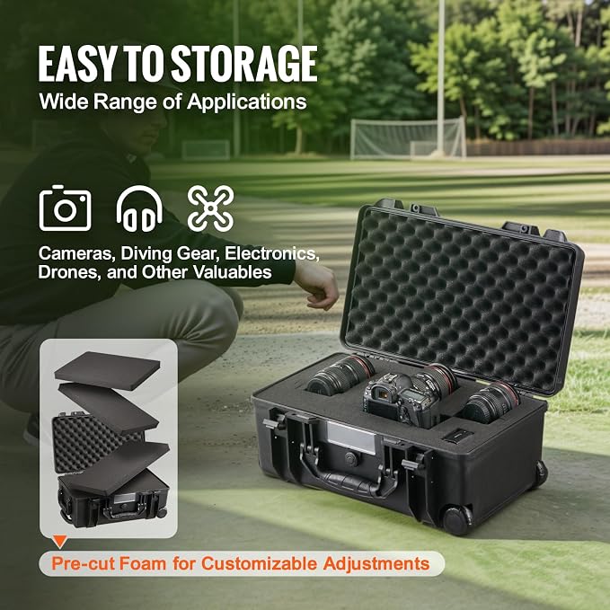 VEVOR Weatherproof Hard Case, Heavy Duty Protective Dry Box with Pre-Cut Foam, Wheels & Retractable Pull Handle for Travel, Hunt, Military, Tactical, IP67 Waterproof Case for Cameras (21.7*13.4*9.5")