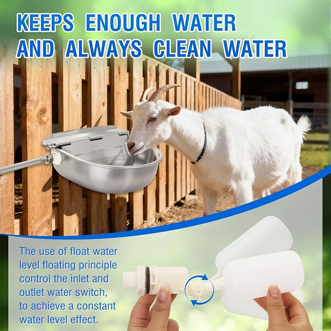 2 Pack 304 Stainless Steel Automatic Livestock Waterer with Float Valve & Drainage Hole – 39 inch Water Hose (one end 3/4“), Animal Drinking Bowl for Dogs, Chickens, Goats, Cows