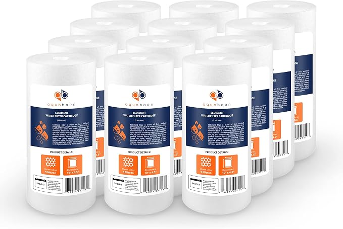 Aquaboon 5 Micron 10 x 4.5 Well Water Sediment Filter Replacement Whole House Water Filter Cartridge Compatible with DGD-5005, WFHD13001B, 12-Pack