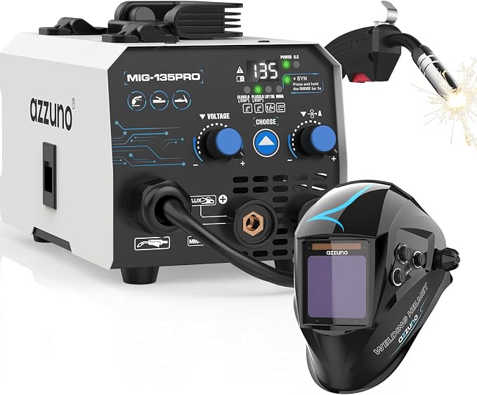 AZZUNO MIG Welder 135A & Welding Helmet Auto Darkening with True Color Large Viewing 3.94"×3.82", 3 in 1 MIG Welder Machine Flux Core Welder/Lift TIG/Stick Welding Machine